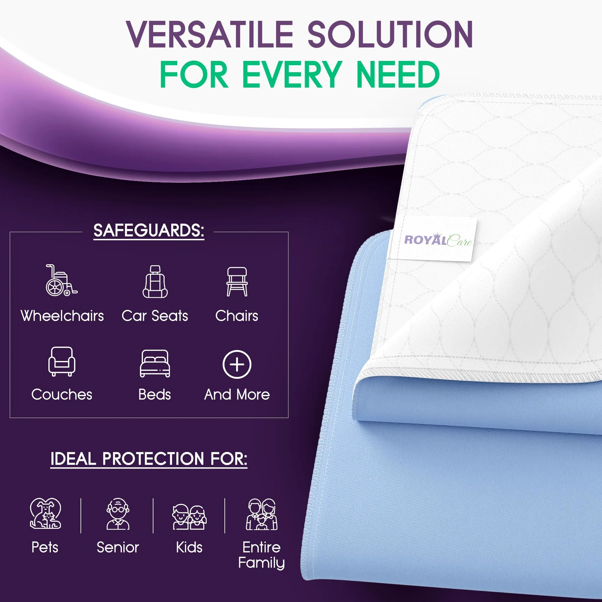 Royal Care 2-Pack 34x52 Extra Large Washable Bed Pads/Reusable Incontinence Underpads Mattress Protector for Adults, Kids and Pets -Blue,