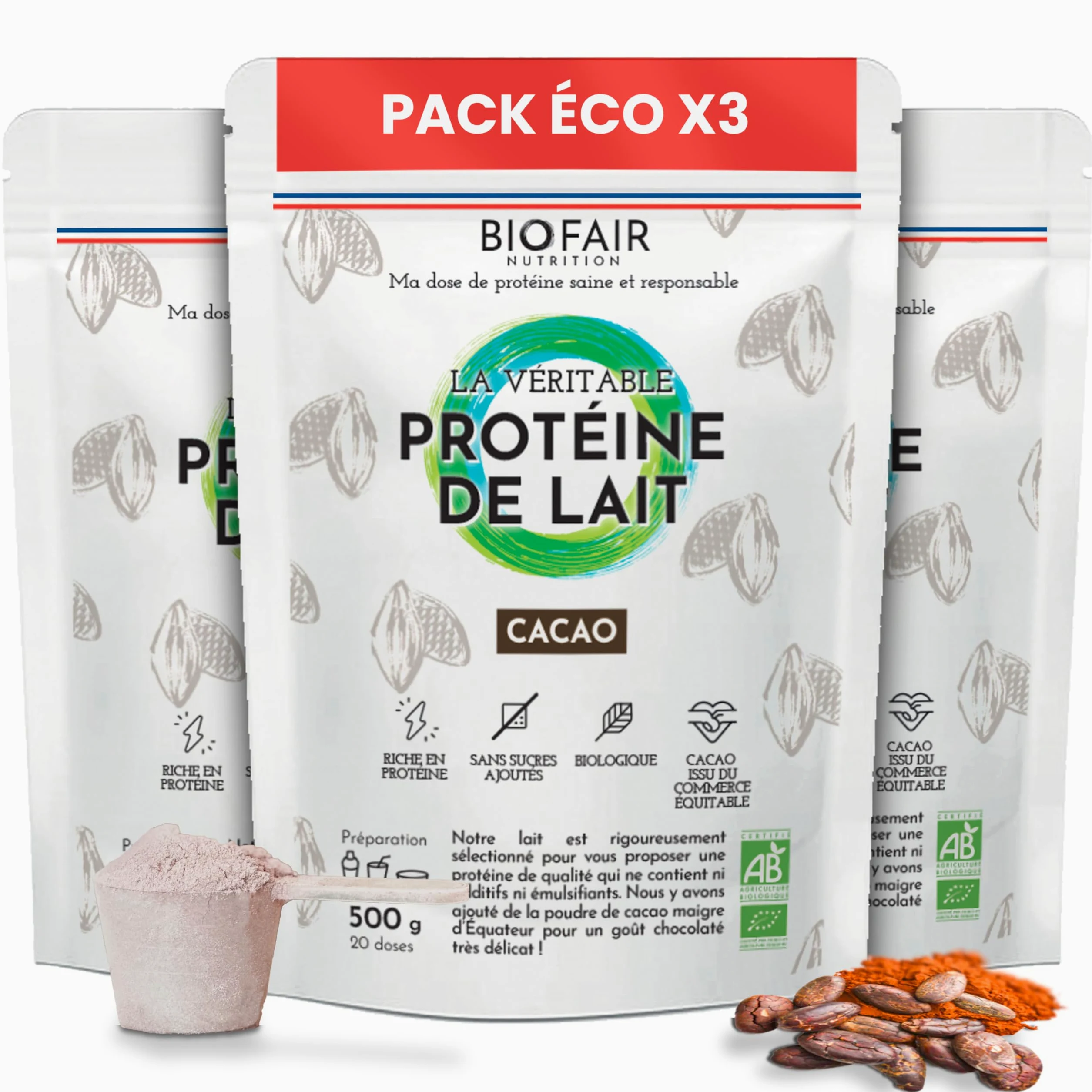 BIOFAIR ODŻYWCZENIE - ECONOMICZNY FORMAT 3 SACHES - Organiczne białko serwatkowe Kakao - 500g /20 dawek - 18,5 g białka/dawka - Moja dawka zdrowego i odpowiedzialnego białka - Wyprodukowano we Francji