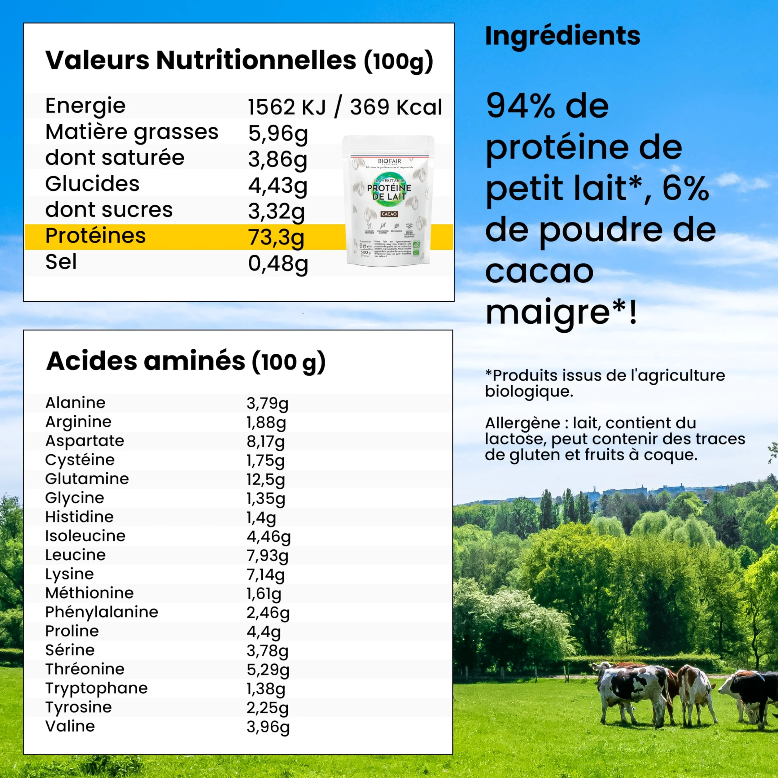 BIOFAIR ODŻYWCZENIE - ECONOMICZNY FORMAT 3 SACHES - Organiczne białko serwatkowe Kakao - 500g /20 dawek - 18,5 g białka/dawka - Moja dawka zdrowego i odpowiedzialnego białka - Wyprodukowano we Francji