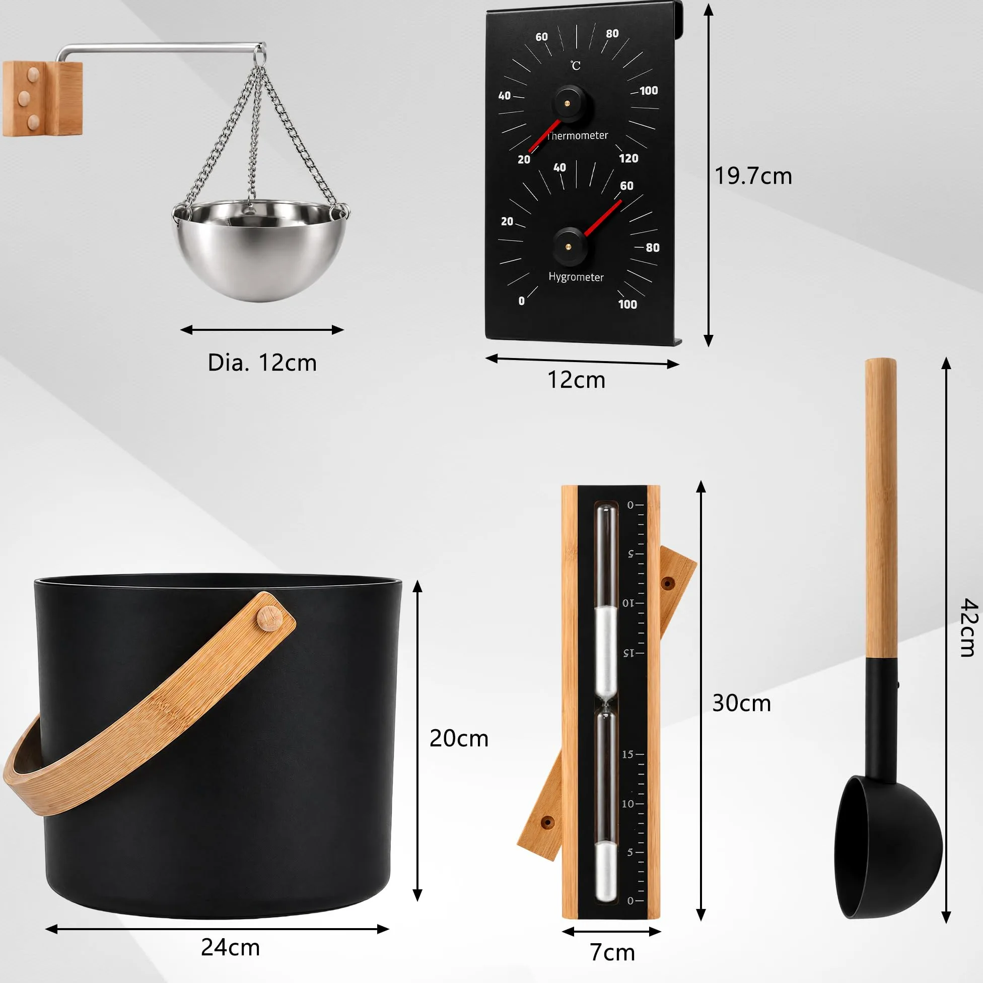 Zestaw wiadra do sauny, 7L, aluminiowy, z kadzią, miską, termometrem | Do łazienki i hotelu; kompletny; w zestawie klepsydra.