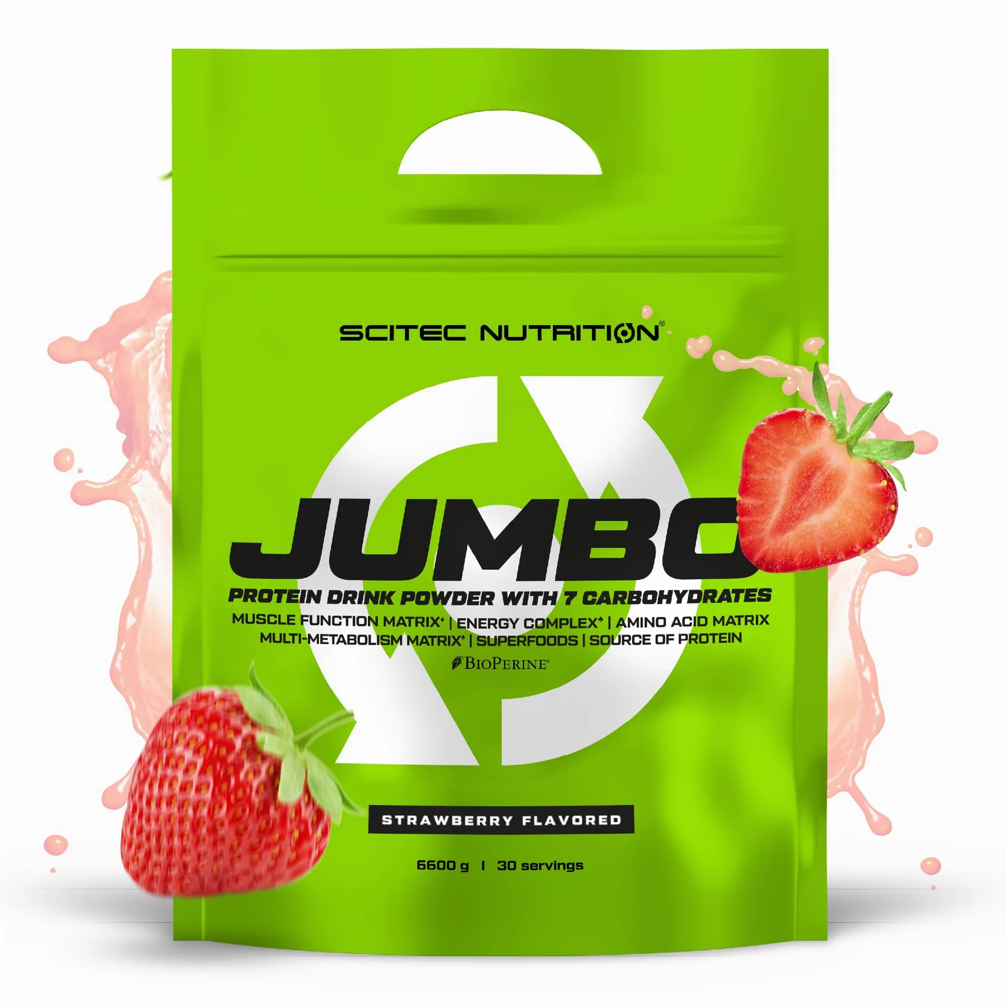 Scitec Nutrition Jumbo - wysokokaloryczny gainer na masę - z wieloskładnikowym białkiem - matrycą aminokwasów - matrycą metaboliczną - mieszanką superżywności, 6,6 kg, Truskawkowy