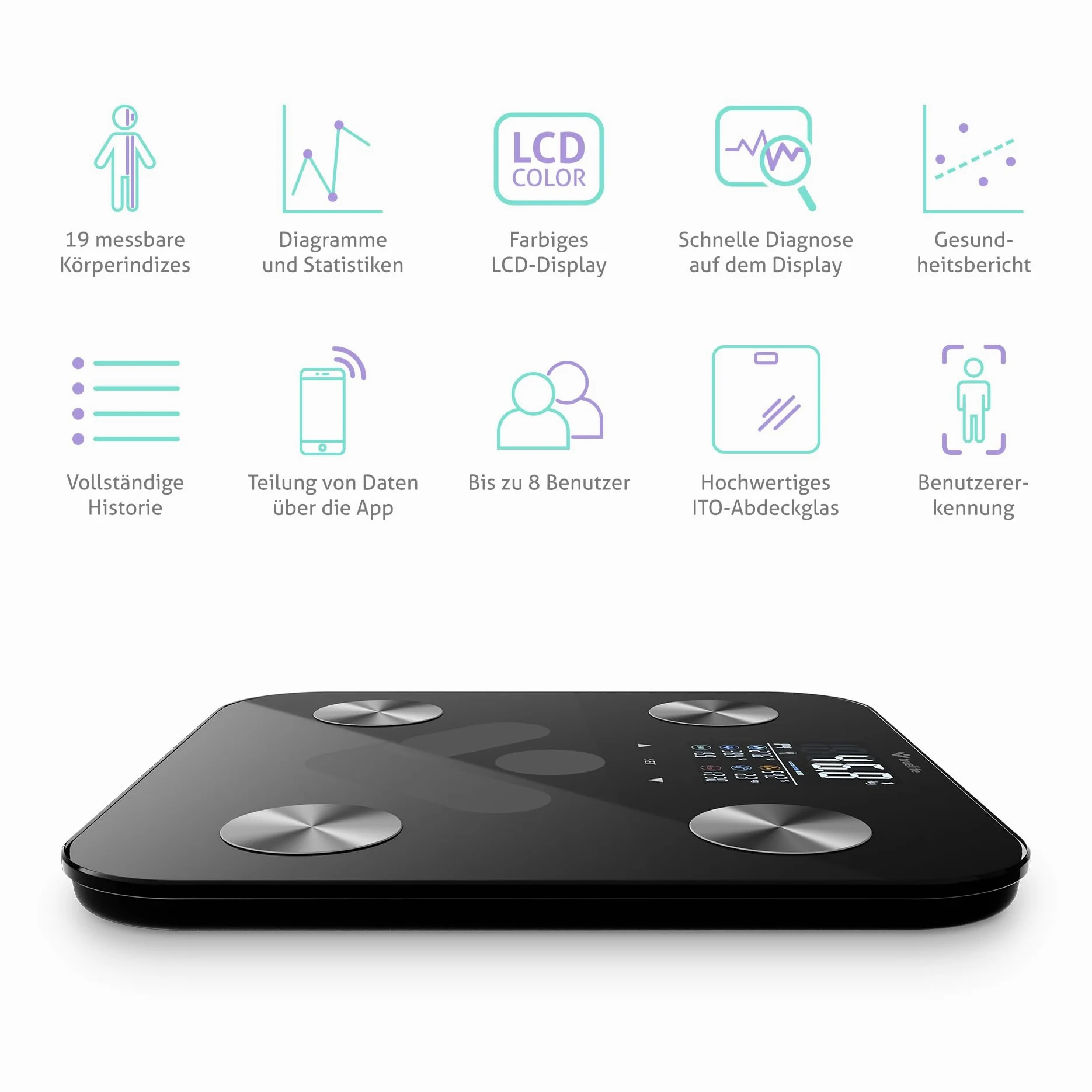TrueLife FitScale W6 BT osobista waga diagnostyczna Bluetooth, pomiar z bioelektryczną analizą impedancji, 19 mierzonych wskaźników ciała, kolorowy wyświetlacz LCD, do 8 użytkowników, aplikacja