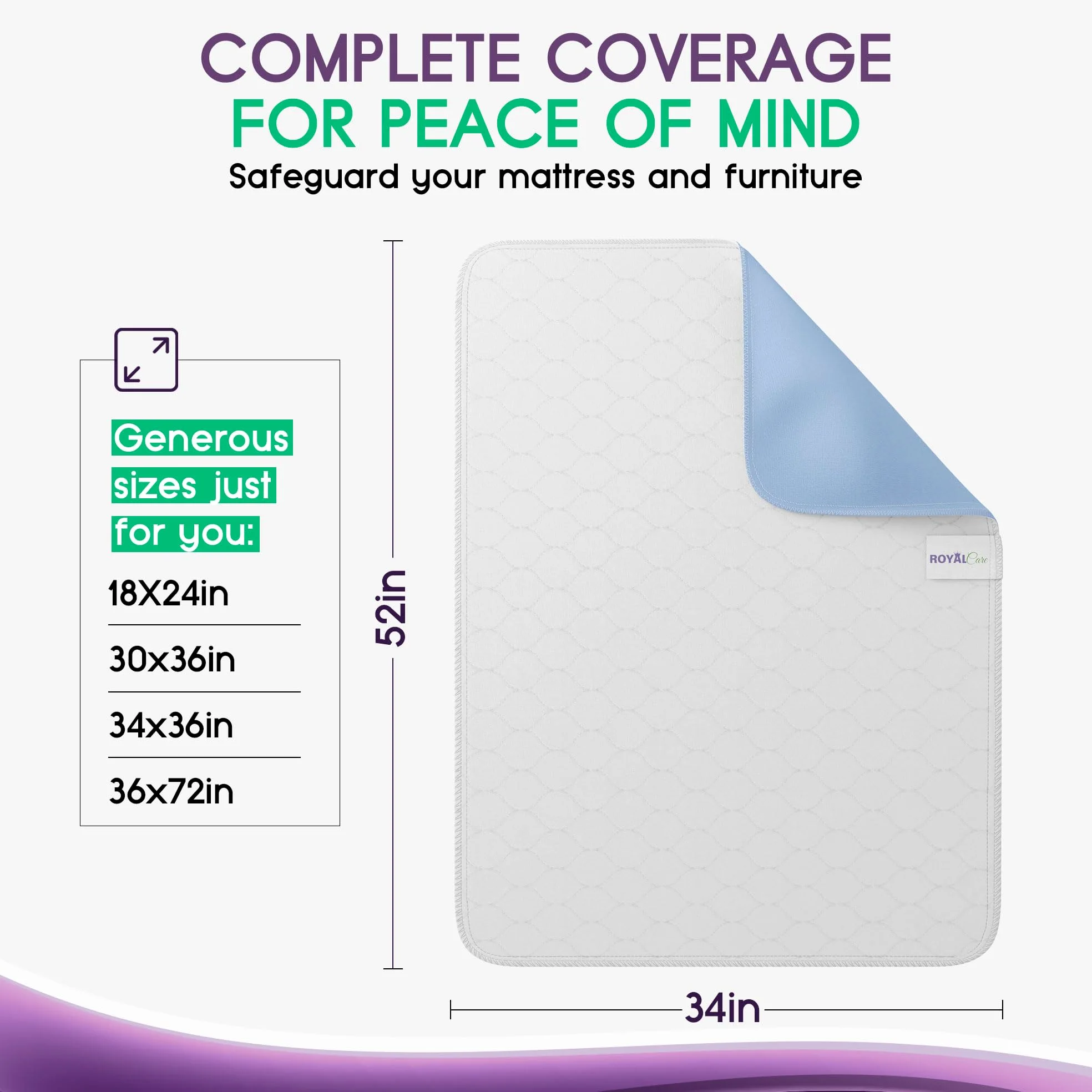 Royal Care 2-Pack 34x52 Extra Large Washable Bed Pads/Reusable Incontinence Underpads Mattress Protector for Adults, Kids and Pets -Blue,