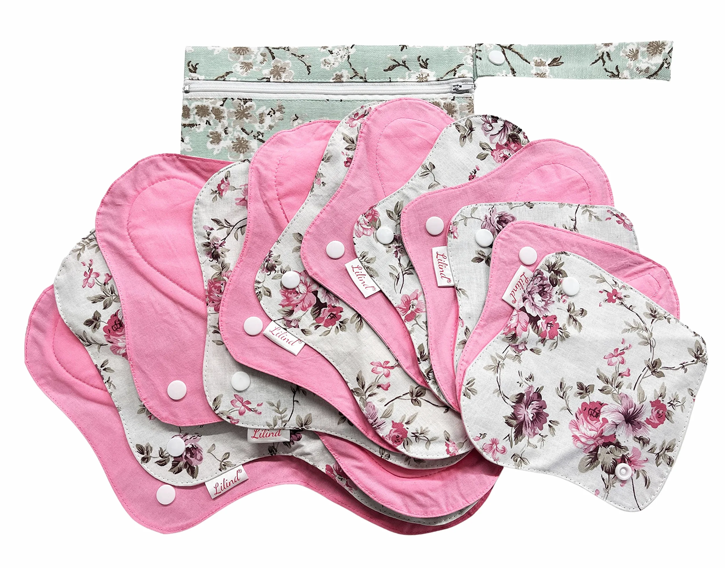 Lilind® Organiczne podkładki z tkaniny Jumbo zestaw startowy zamek błyskawiczny wielokrotnego użytku wodoodporne wkładki menstruacyjne 100% bawełna vintage róże opakowanie 12 sztuk