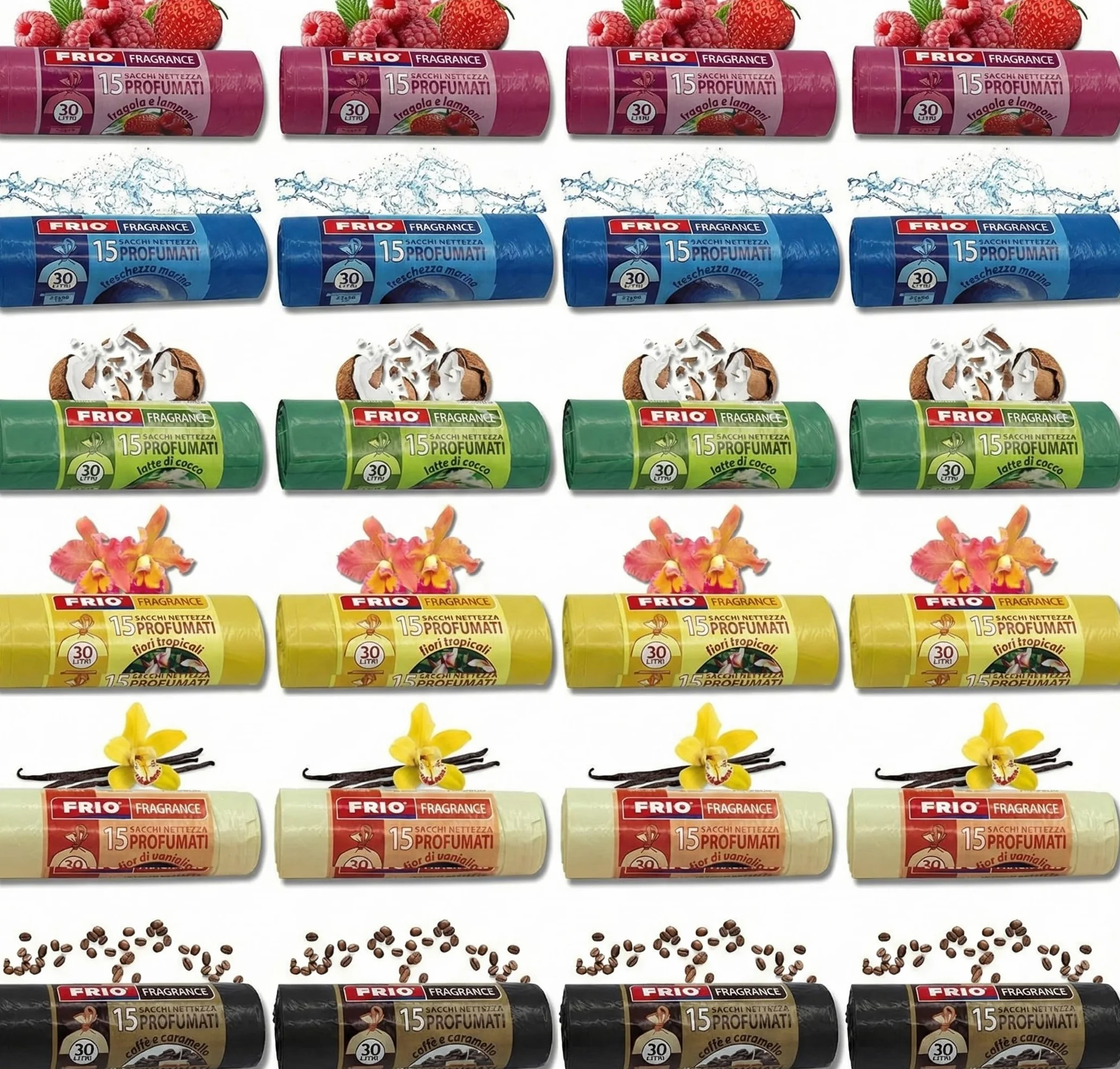 FRIO Wieloowocowe 360 zapachowych worków na śmieci 30 l, 24 rolki po 15 worków z 6 aromatami i różnymi kolorami, 52 x 58 cm, wytrzymałe i odporne na kapanie worki na śmieci