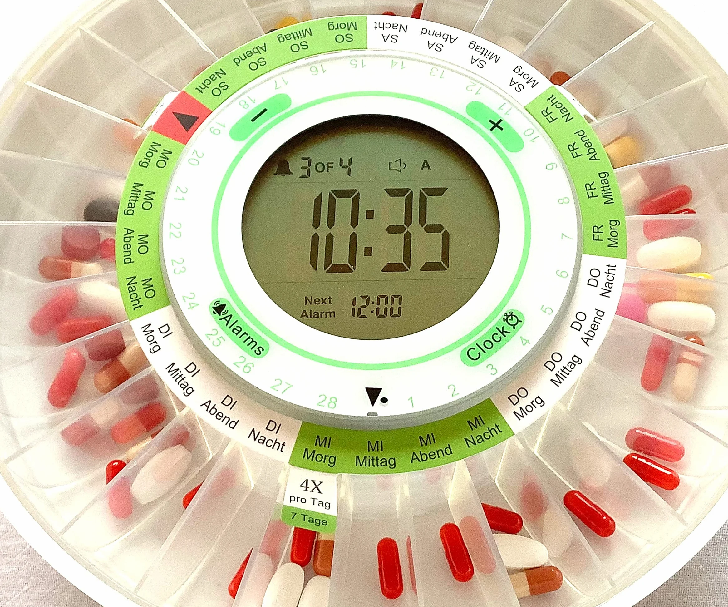 Inteligentny dozownik tabletów z ładowarką i aplikacją, niemieckie pierścienie, 9 x alarm, model 2021, przezroczysta pokrywa, powiadomienia e-mailem