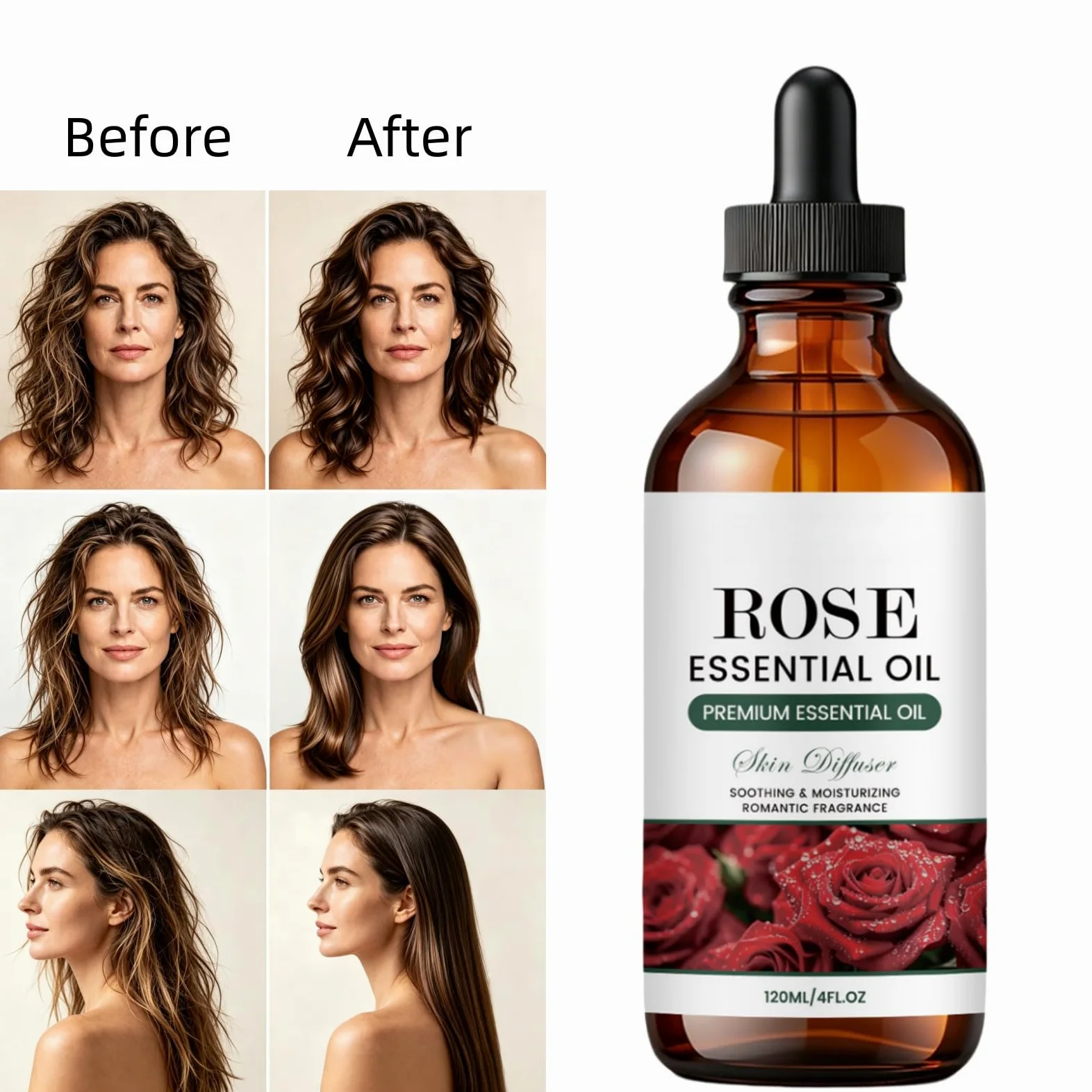 Rose Essential Oil Glass Dropper Bottle, olejek eteryczny do pielęgnacji skóry i włosów, romantyczne serum nawilżające do twarzy, długotrwały aromat kwiatowy relaks (6 szt.)