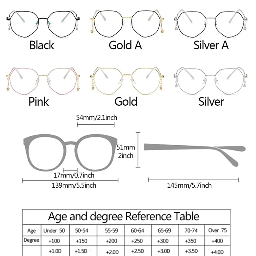 Modne Wielokątne Damskie Okulary Do Czytania, Okulary Do Czytania Z Filtrem Przeciw Niebieskiemu Światłu, Metalowa Ramka Z Wisiorkiem Ze Strasów/Silver/2.5 *