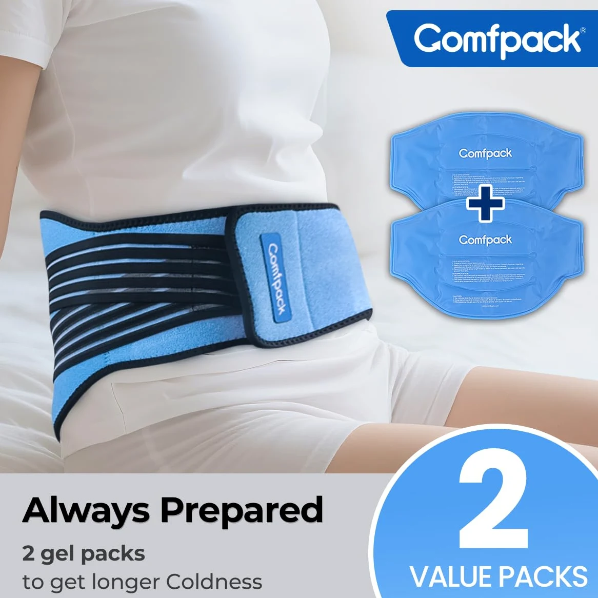 Comfpack Zestaw na lód na plecy do łagodzenia bólu dolnej części pleców z kompresją, 2 opakowania żelowe, opakowanie na lód, łagodzenie urazów, bólu kości ogonowej, chirurgii, lędźwi, kości ogonowej