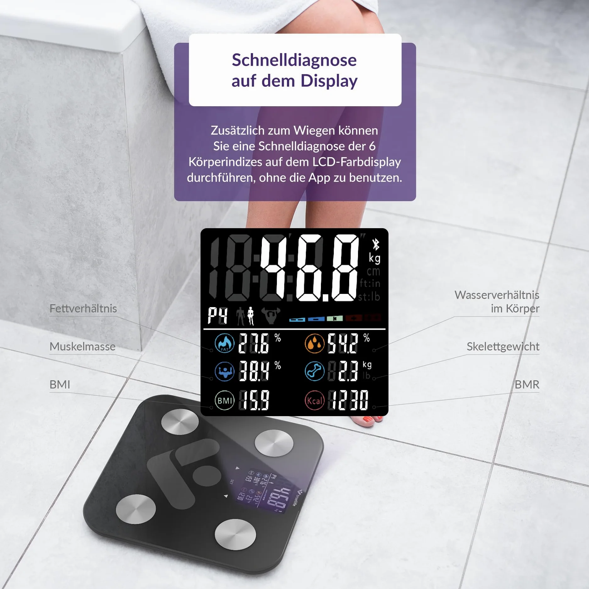 TrueLife FitScale W6 BT osobista waga diagnostyczna Bluetooth, pomiar z bioelektryczną analizą impedancji, 19 mierzonych wskaźników ciała, kolorowy wyświetlacz LCD, do 8 użytkowników, aplikacja