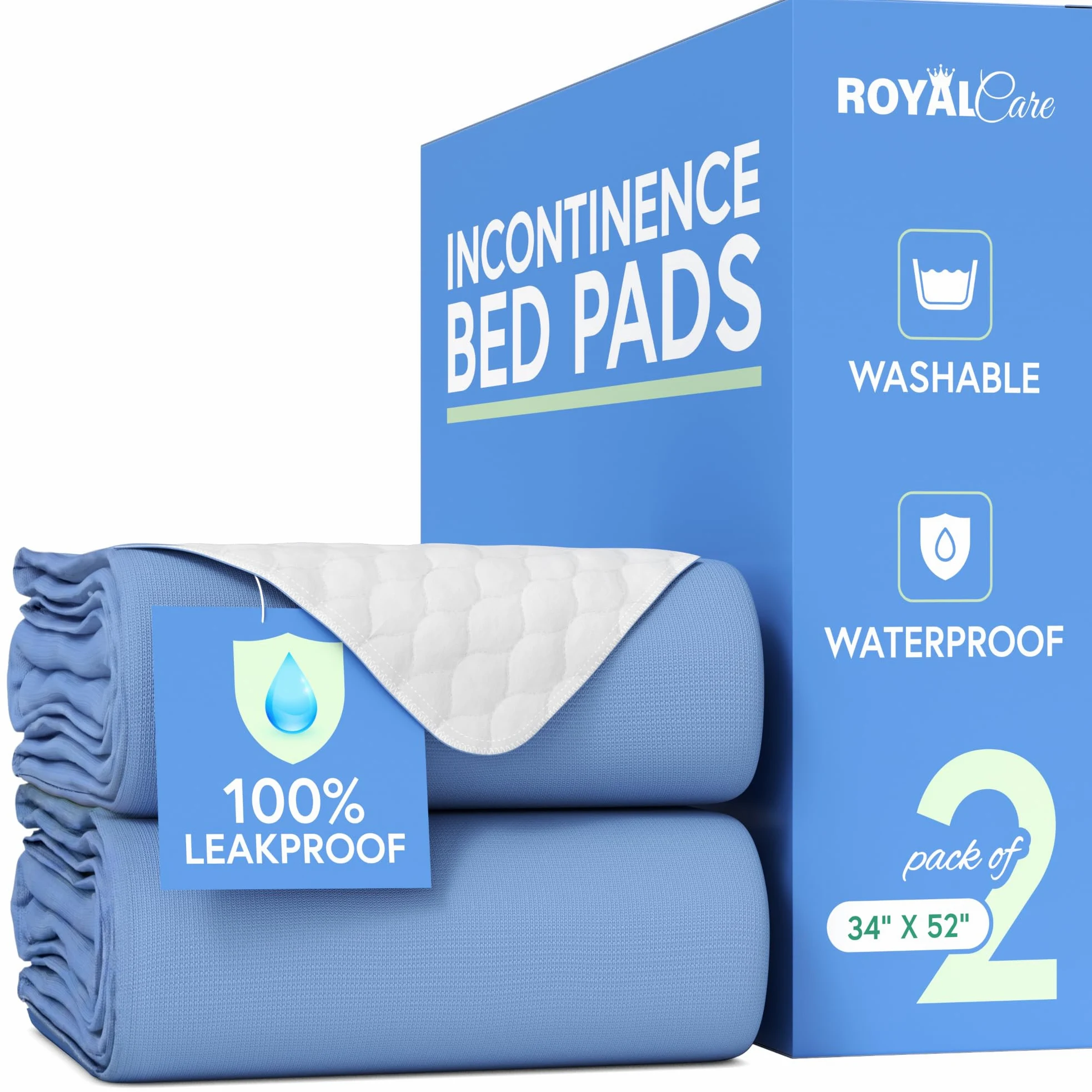 Royal Care 2-Pack 34x52 Extra Large Washable Bed Pads/Reusable Incontinence Underpads Mattress Protector for Adults, Kids and Pets -Blue,