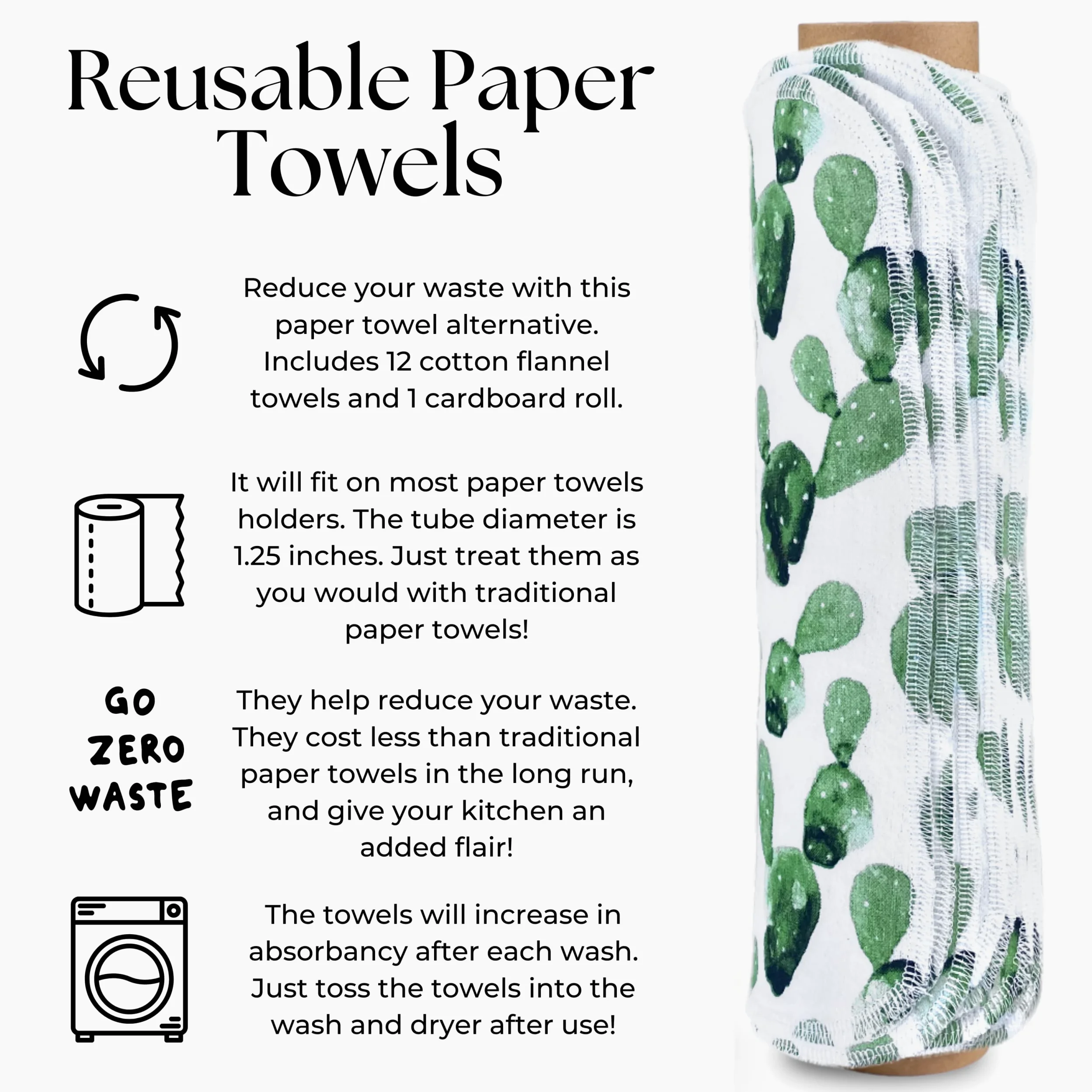 The Useless Brand Ręczniki papierowe wielokrotnego użytku, 12 przyjaznych dla środowiska, zmywalnych bawełnianych ręczników flanelowych z rolką kartonową, zero odpadów i zrównoważone, pasują do