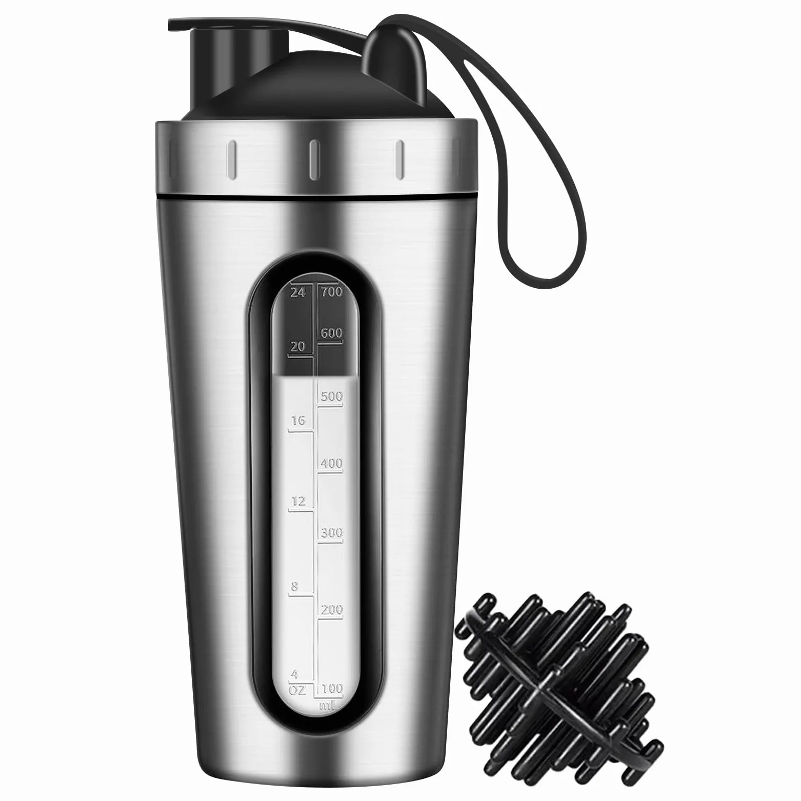 Butelka do shakera proteinowego, 905 ml butelki shaker do mieszanek białek i do wstępnego treningu, kubek do shakera z piłką shakera, widoczne okno, butelka ze stali nierdzewnej, szczelna, nie zawiera BPA (srebrna)