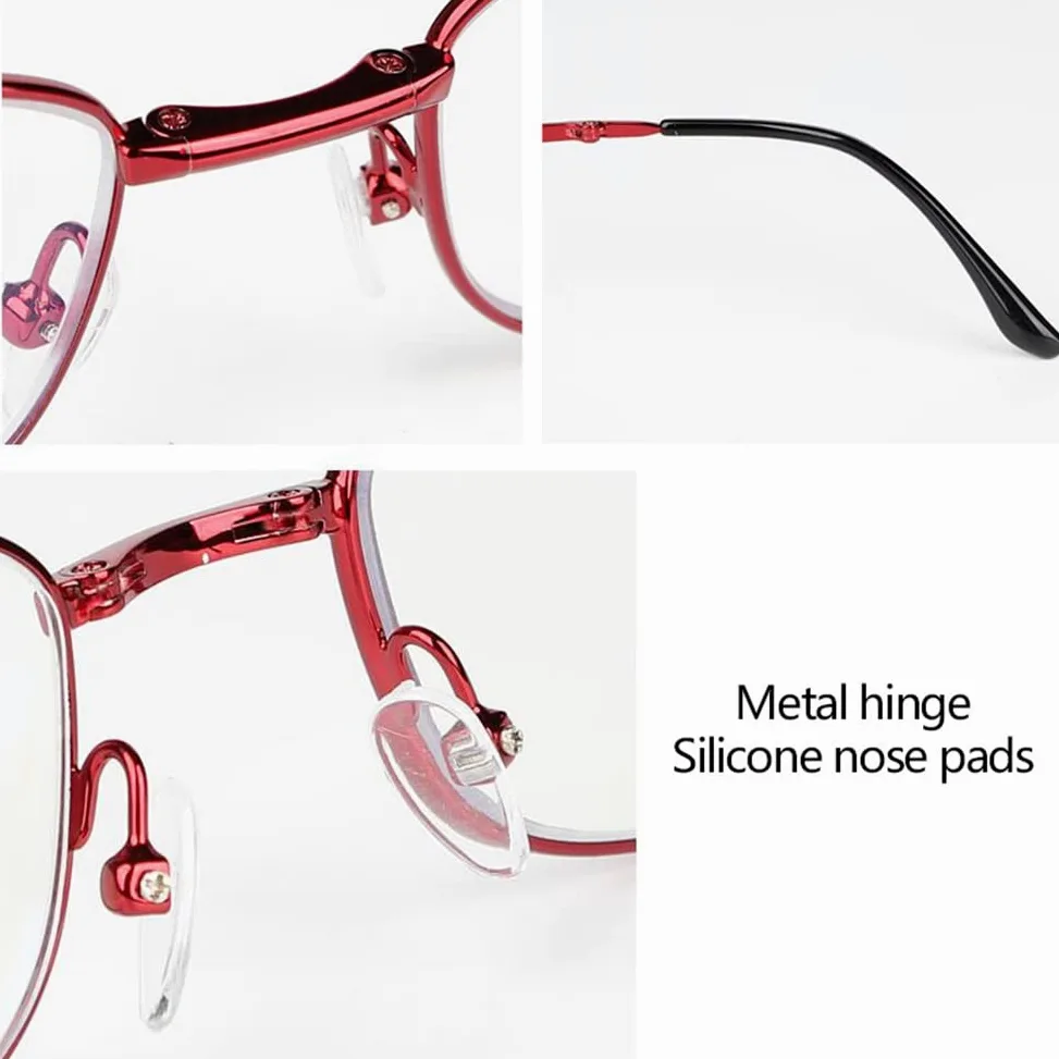 Damskie Okulary Do Czytania Z Filtrem Przeciw Niebieskiemu Światłu, Mini Kieszonkowe Okulary Do Czytania, Owalne Okulary Do Czytania Z Metalową Ramką/Red/3