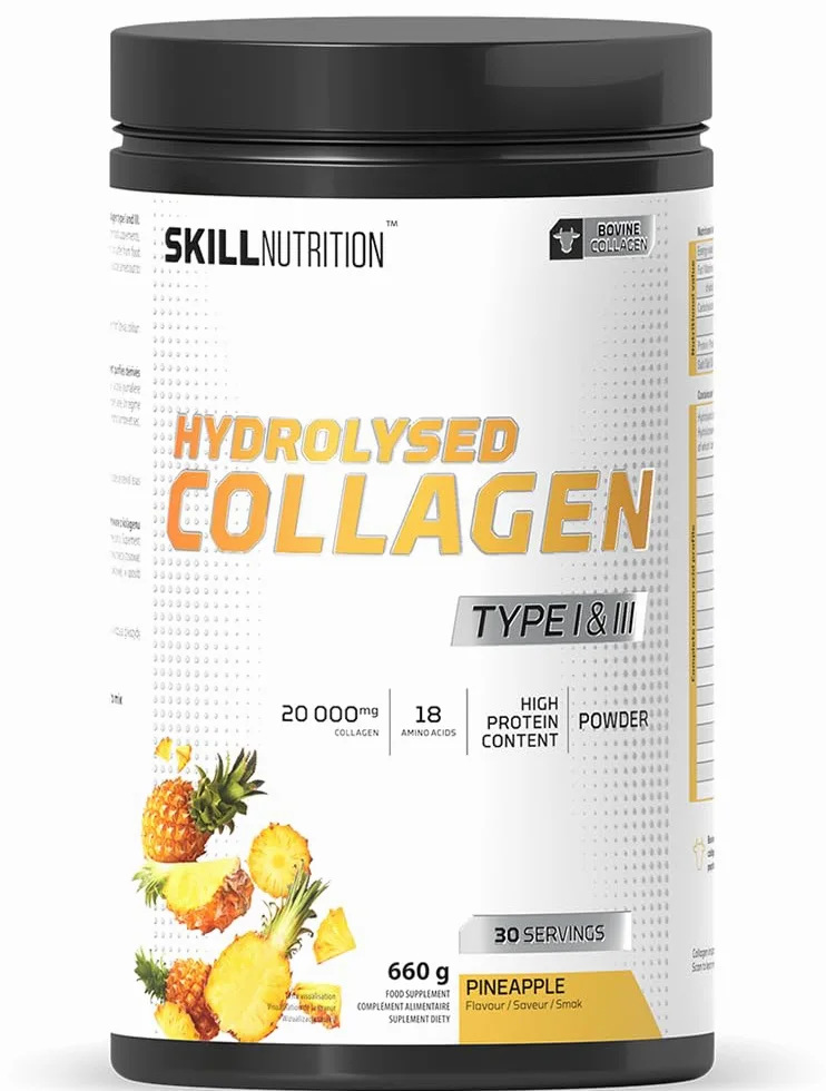 Skill Nutrition Hydrolizowany Kolagen Typu I & III | Smak Ananas | Peptydy kolagenowe o wysokiej przyswajalności | 18 aminokwasów: bogaty profil z glicyną, proliną i hydroksyproliną | 660g