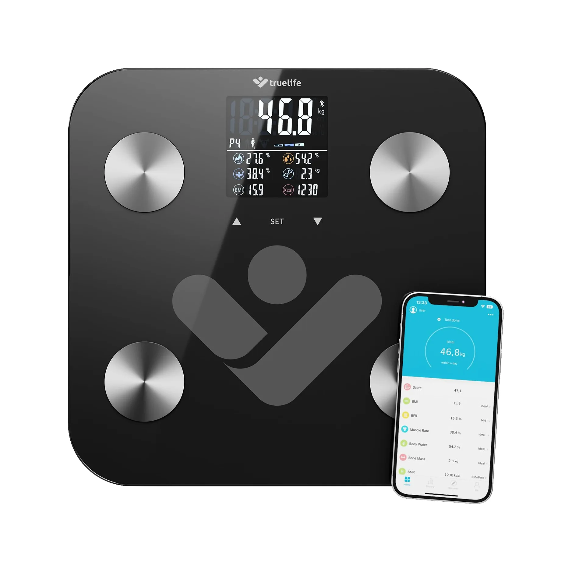 TrueLife FitScale W6 BT osobista waga diagnostyczna Bluetooth, pomiar z bioelektryczną analizą impedancji, 19 mierzonych wskaźników ciała, kolorowy wyświetlacz LCD, do 8 użytkowników, aplikacja