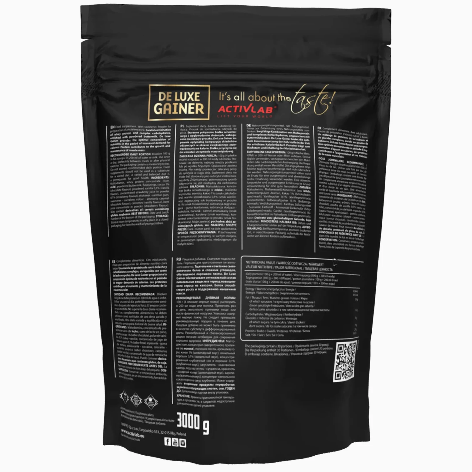 Activlab De Luxe Gainer 3000g – Mass Gainer – Odżywka Białkowo Węglowodanowa – Wsparcie Budowy Masy – Koncentrat Białka Serwatkowego WPC – Bez Cukru (Truskawka)