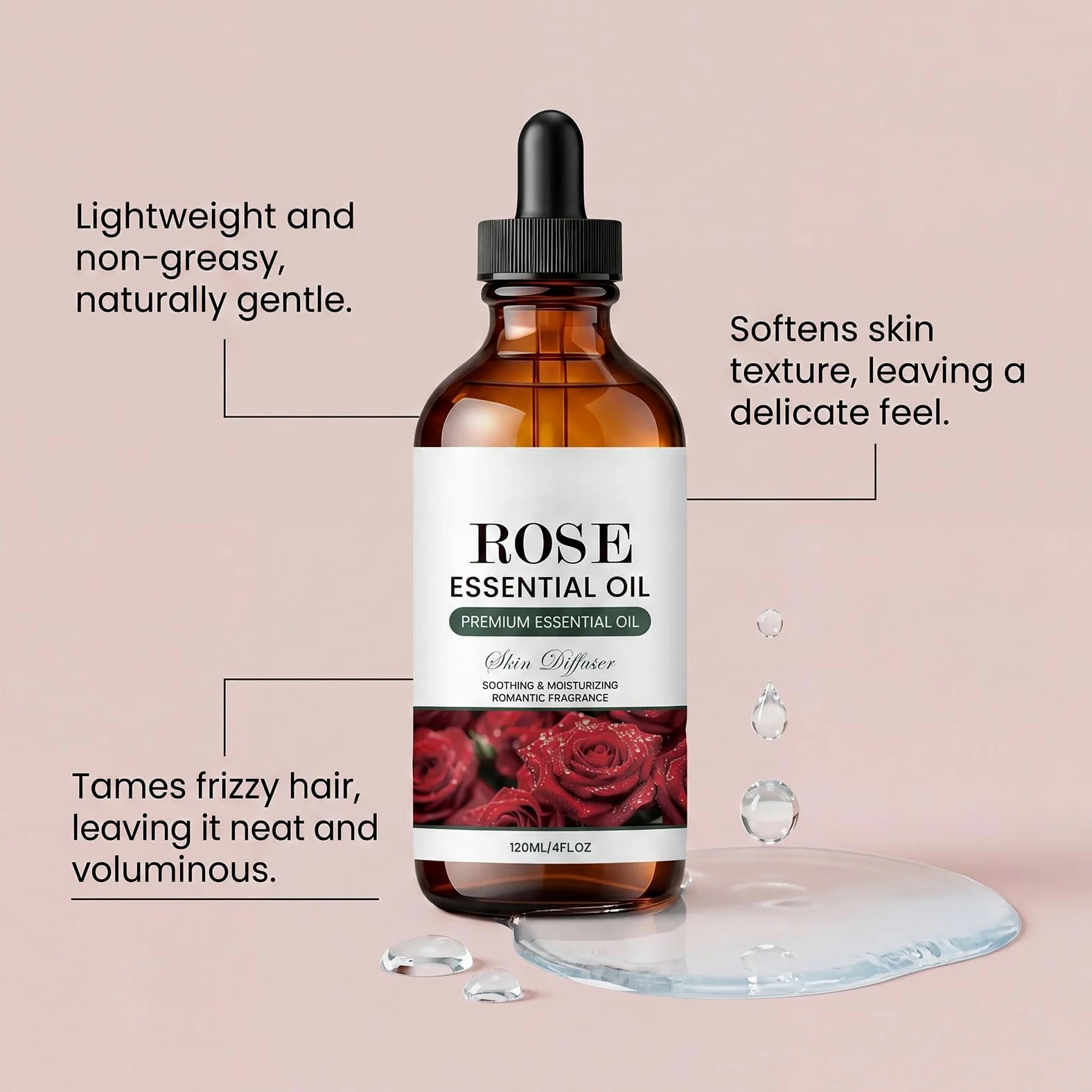 Rose Essential Oil Glass Dropper Bottle, olejek eteryczny do pielęgnacji skóry i włosów, romantyczne serum nawilżające do twarzy, długotrwały aromat kwiatowy relaks (6 szt.)