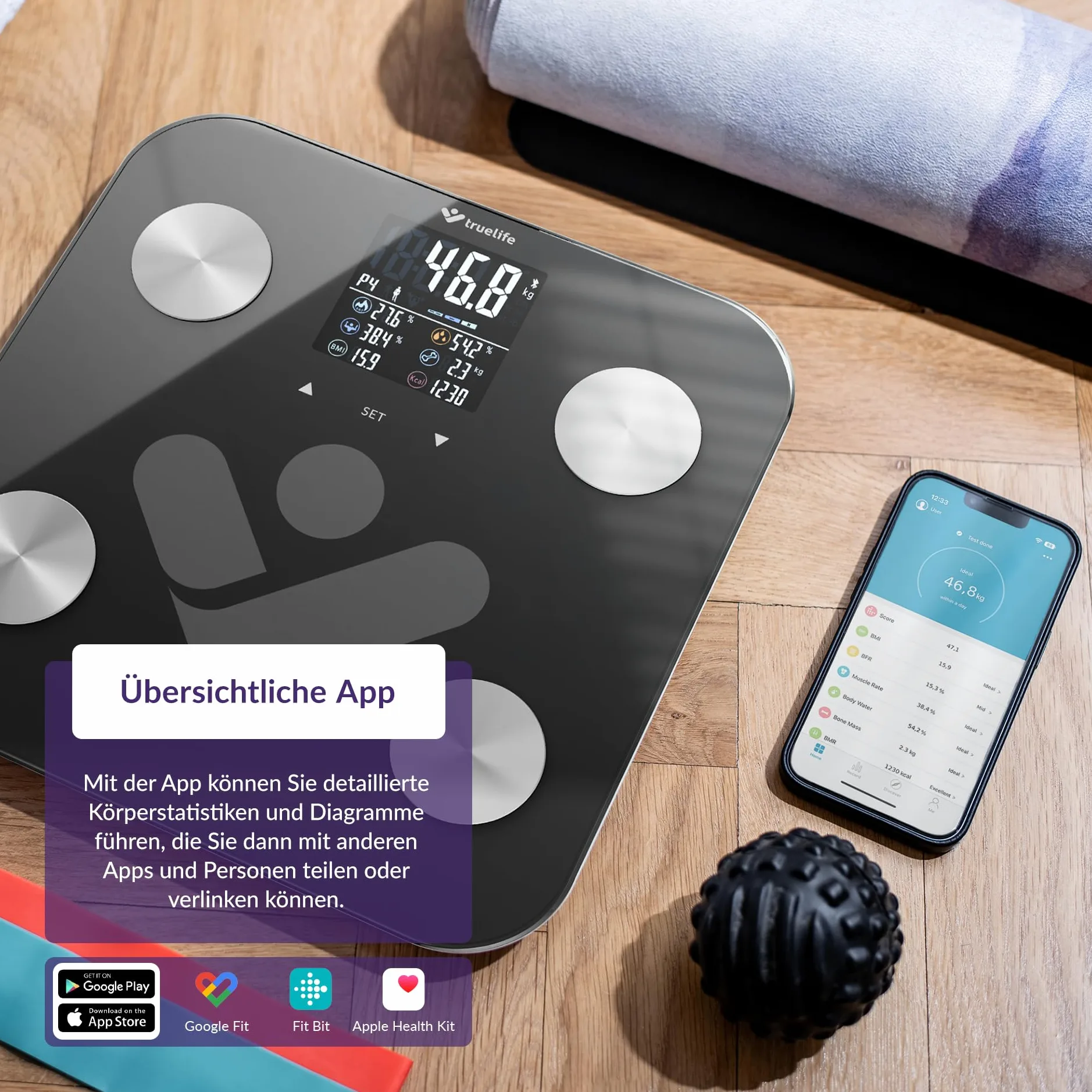 TrueLife FitScale W6 BT osobista waga diagnostyczna Bluetooth, pomiar z bioelektryczną analizą impedancji, 19 mierzonych wskaźników ciała, kolorowy wyświetlacz LCD, do 8 użytkowników, aplikacja