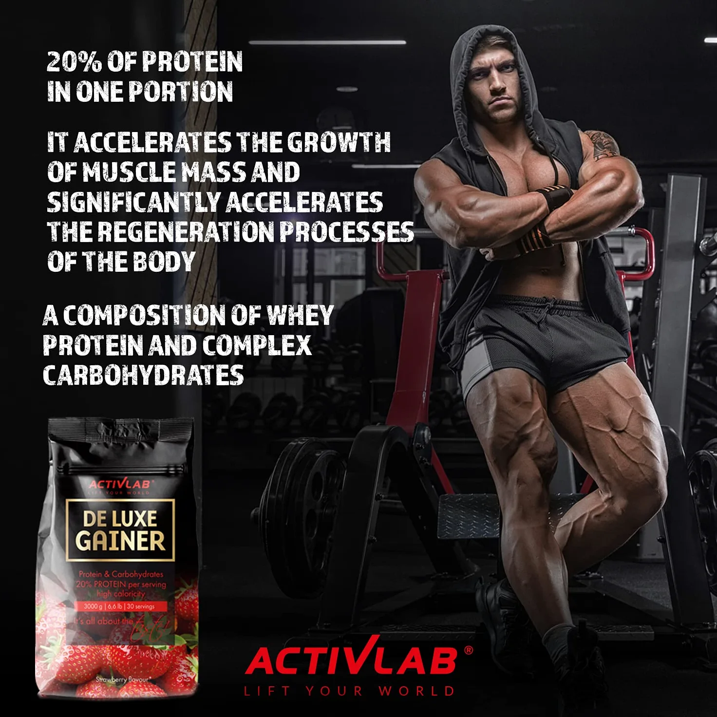 Activlab De Luxe Gainer 3000g – Mass Gainer – Odżywka Białkowo Węglowodanowa – Wsparcie Budowy Masy – Koncentrat Białka Serwatkowego WPC – Bez Cukru (Truskawka)