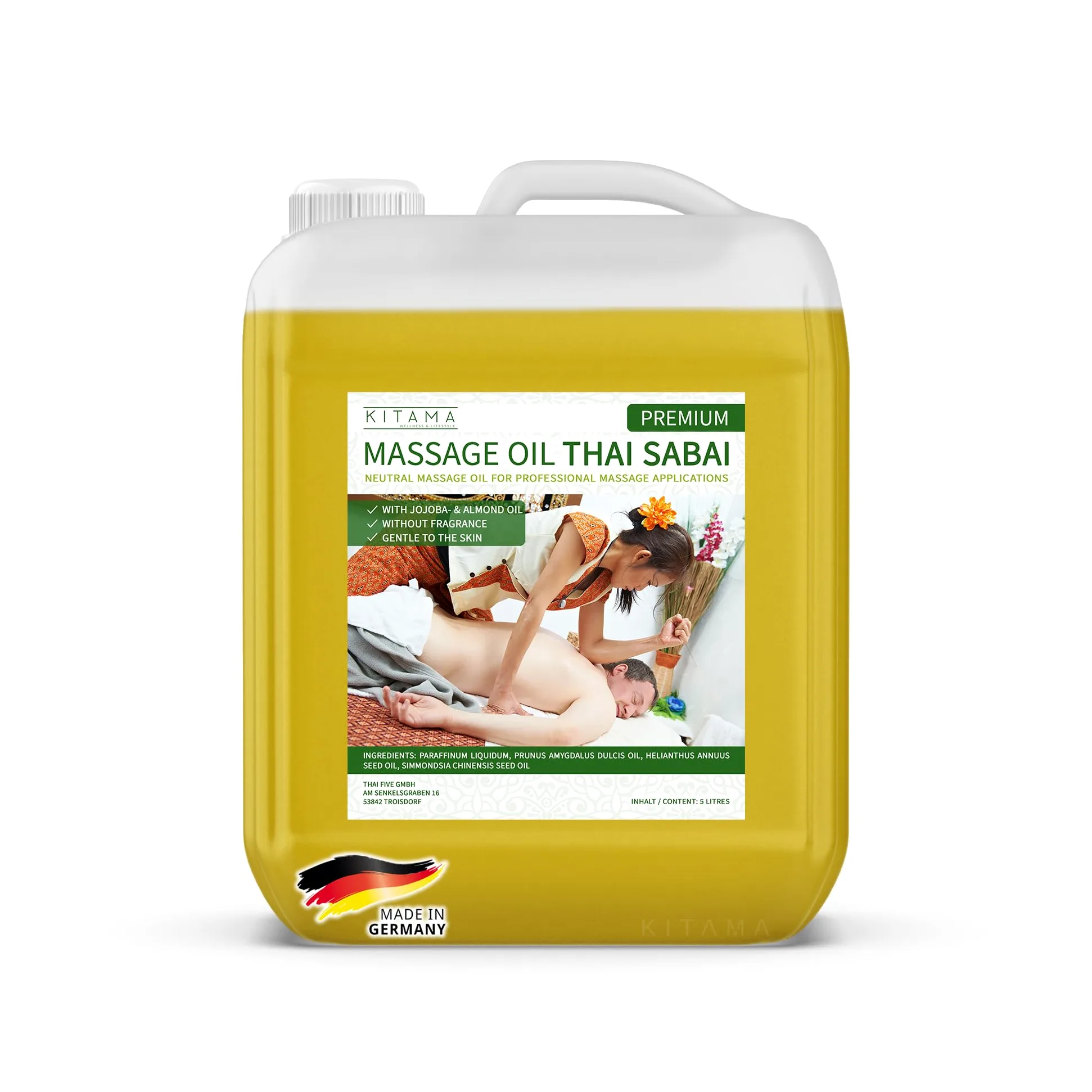 Kitama Thai Sabai olejek do masażu, 5 litrów (5000 ml) Premium Soft Neutralny i do pielęgnacji skóry z cennym olejkiem jojoba i olejkiem migdałowym