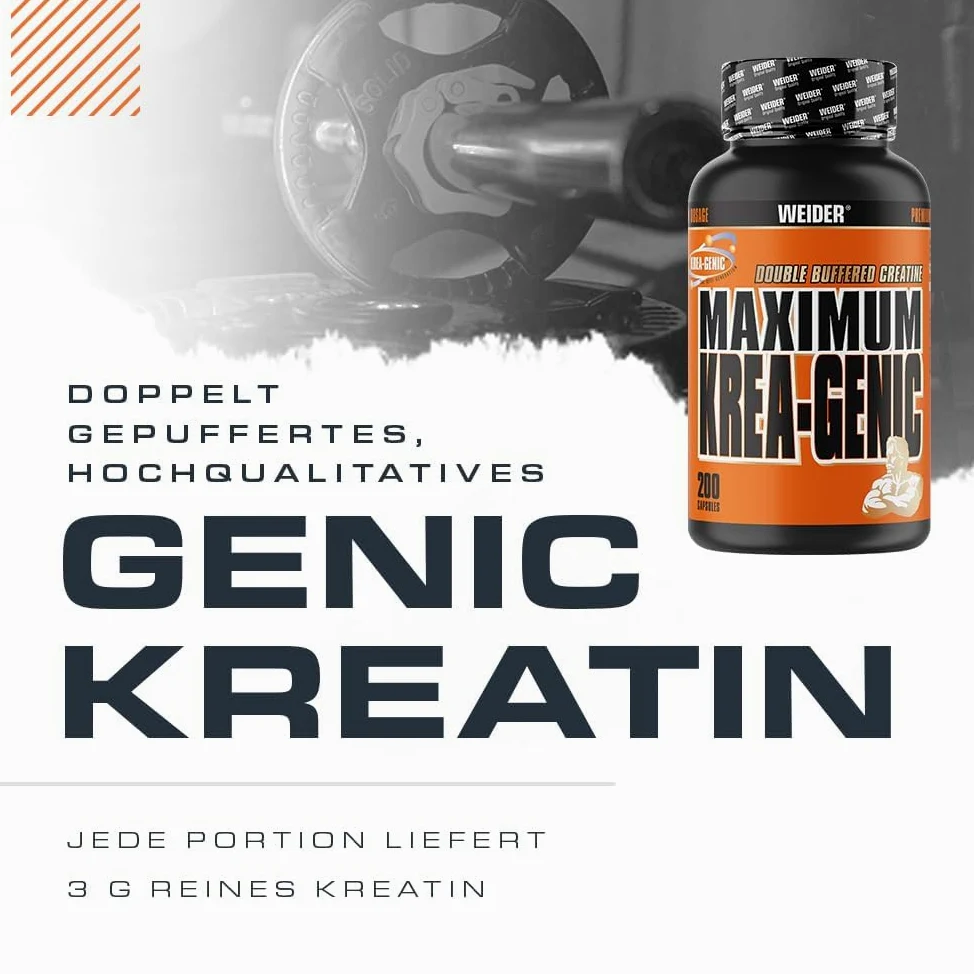 Weider Maximum Krea-Genic Caps 200 kapsułek - Podwójnie Buforowany Monohydrat Kreatyny, Przedtreningówka