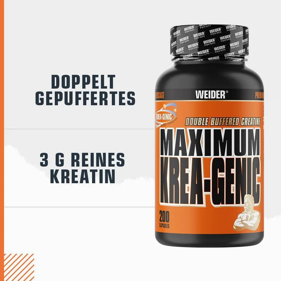 Weider Maximum Krea-Genic Caps 200 kapsułek - Podwójnie Buforowany Monohydrat Kreatyny, Przedtreningówka