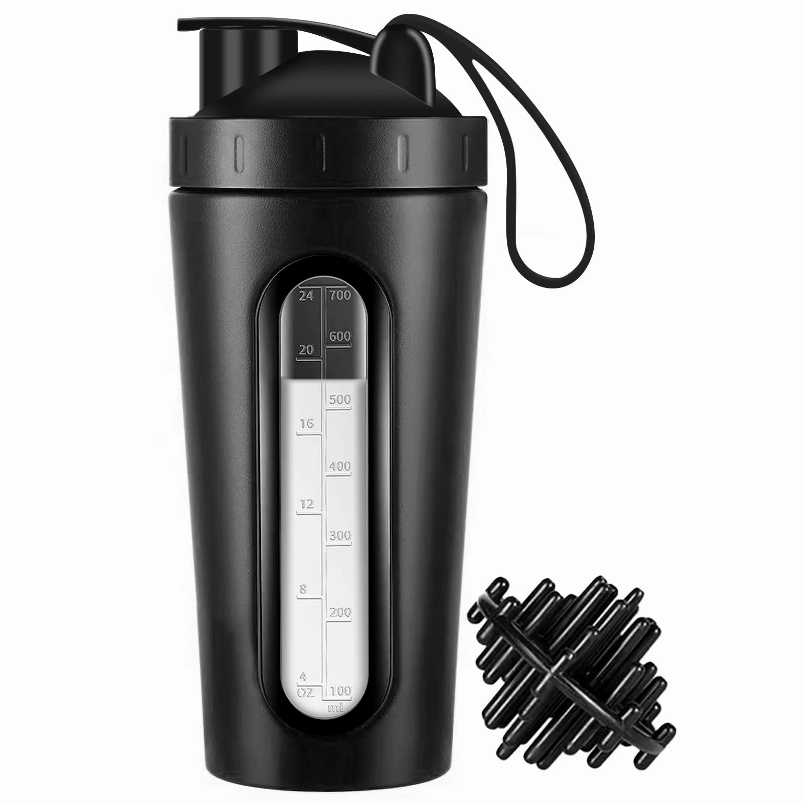 Butelka na shaker proteinowy, butelka shaker 795 ml do mieszanek proteinowych i przed treningiem, kubek shaker proteinowy z kulką shaker, widoczne okno, butelka shaker ze stali nierdzewnej, szczelna (czarna)