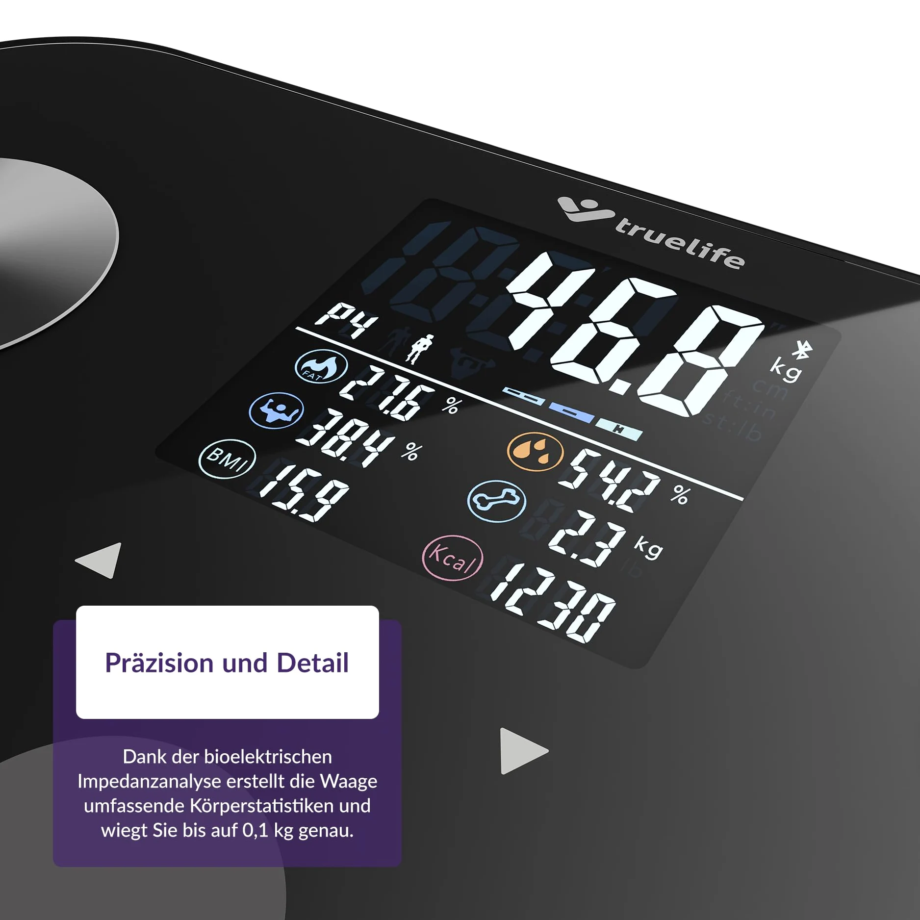 TrueLife FitScale W6 BT osobista waga diagnostyczna Bluetooth, pomiar z bioelektryczną analizą impedancji, 19 mierzonych wskaźników ciała, kolorowy wyświetlacz LCD, do 8 użytkowników, aplikacja