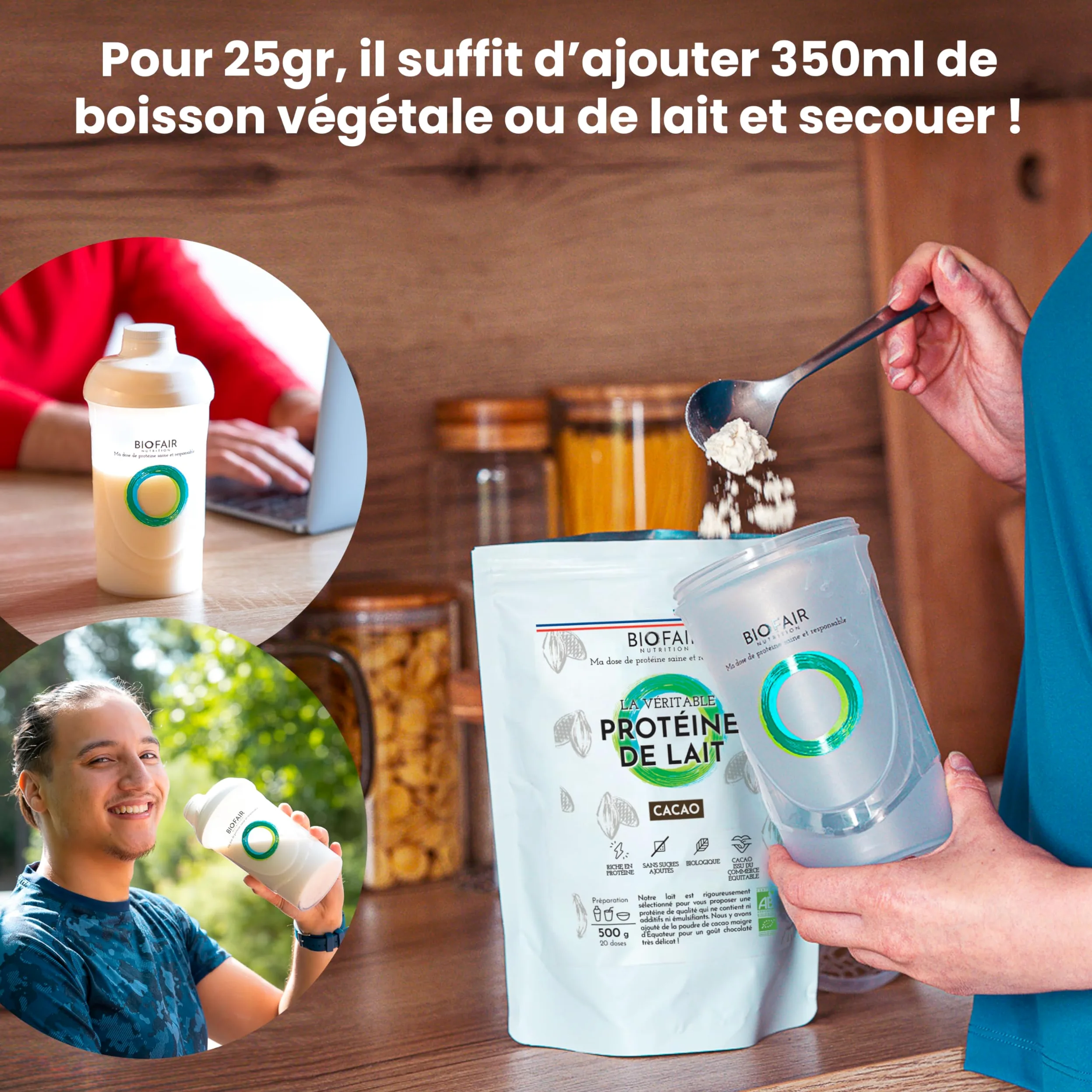 BIOFAIR ODŻYWCZENIE - ECONOMICZNY FORMAT 3 SACHES - Organiczne białko serwatkowe Kakao - 500g /20 dawek - 18,5 g białka/dawka - Moja dawka zdrowego i odpowiedzialnego białka - Wyprodukowano we Francji