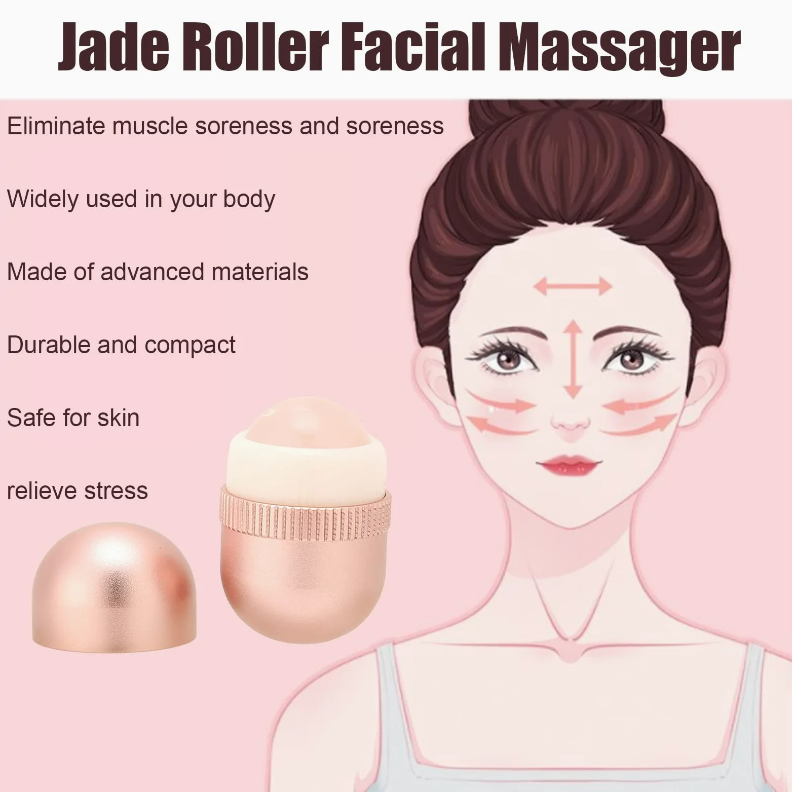 Jade Roller Face Jade Massager Masażer do Twarzy, Produkty do Pielęgnacji Skóry Twarzy Masażer do Twarzy Beauty Ice Roller Narzędzia do Pielęgnacji Skóry, Gua Sha Rose Quartz Stone Face Roller Masaż M