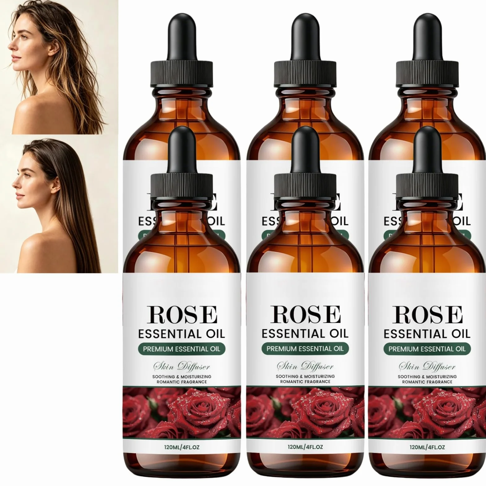 Rose Essential Oil Glass Dropper Bottle, olejek eteryczny do pielęgnacji skóry i włosów, romantyczne serum nawilżające do twarzy, długotrwały aromat kwiatowy relaks (6 szt.)