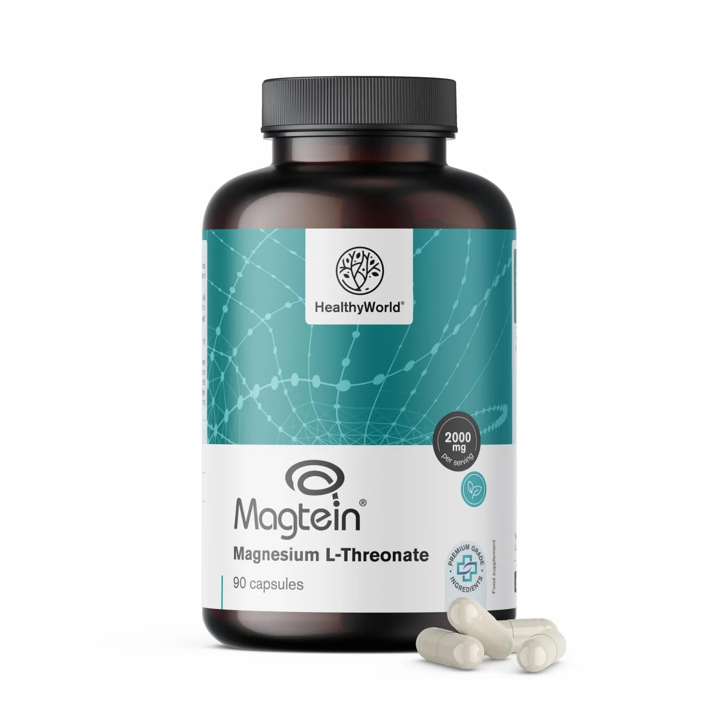 HealthyWorld L-treonian magnezu Magtein 2000 mg – 90 Kapsułek – Opatentowana forma – Wsparcie Układu Nerwowego i Witalności – Wysoka Absorpcja – Bez Alergenów
