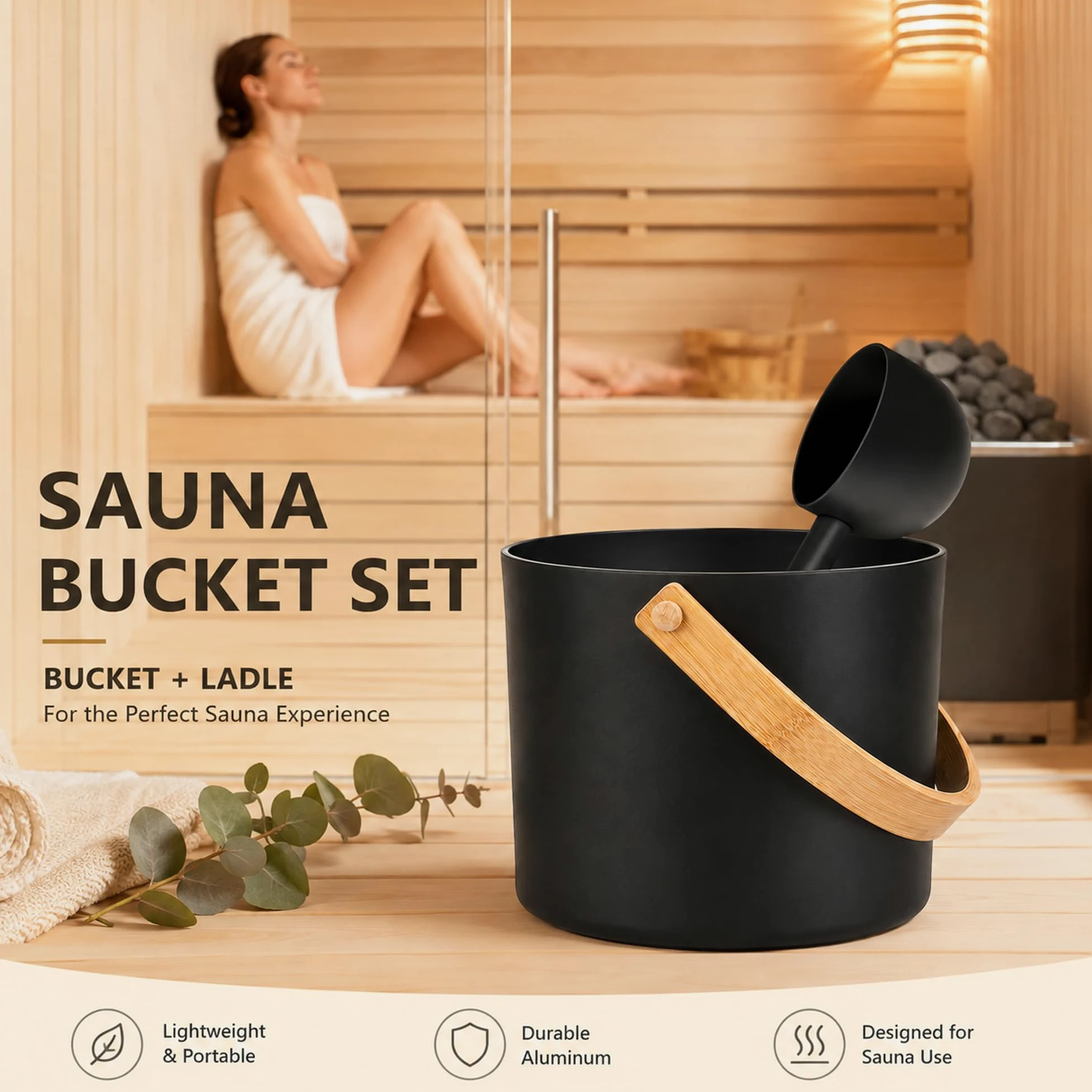 Zestaw wiadra do sauny, 7L, aluminiowy, z kadzią, miską, termometrem | Do łazienki i hotelu; kompletny; w zestawie klepsydra.